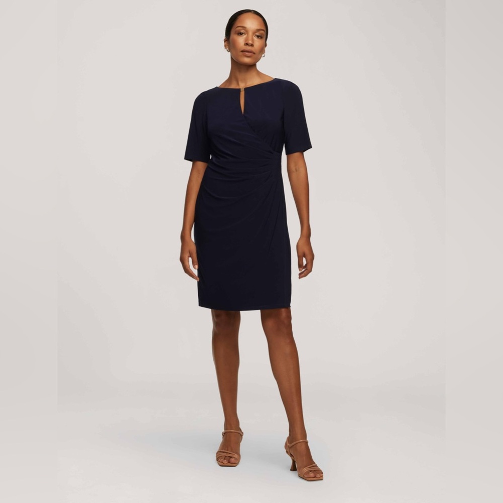 Anne Klein NWT Sz 16 Dark Blue stretchy faux wrap dress keyhole neck